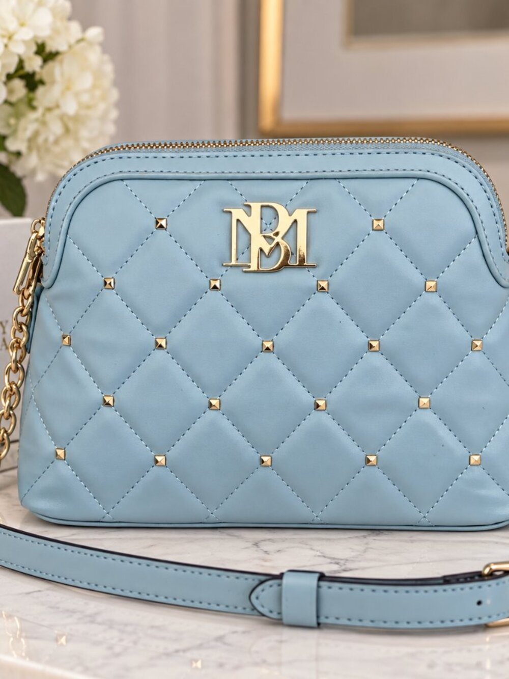 NWT Badgley Mischka Light Blue Quilted Dome Crossbody Satchel